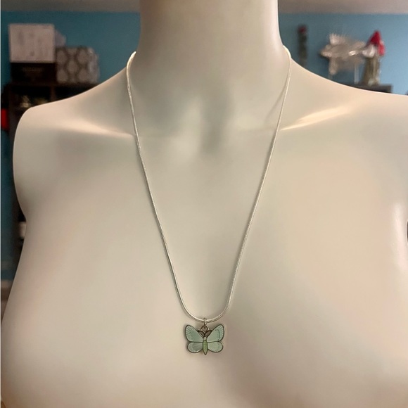 RARE Coach Teal & Green Enamel Crystal Butterfly Pendant .925 Sterling Necklace - Picture 2 of 7